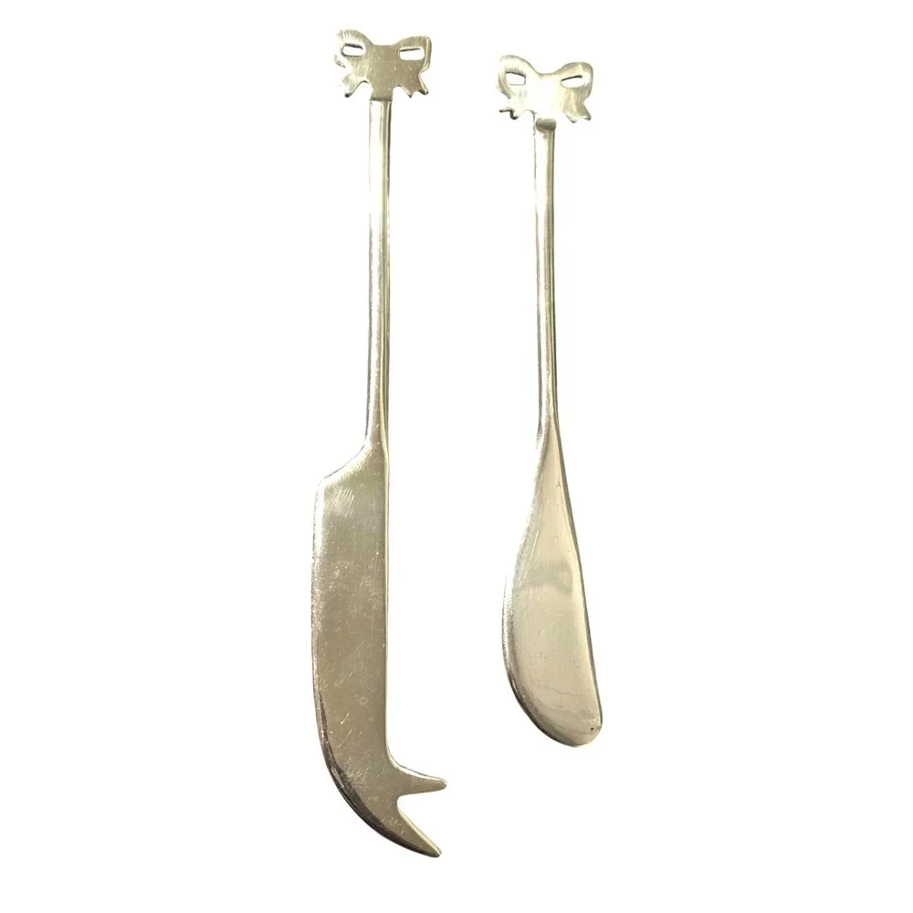 Silvergild Tone retro Bow Handle Cheese‎ Knife Spreader Set Serving Utensils